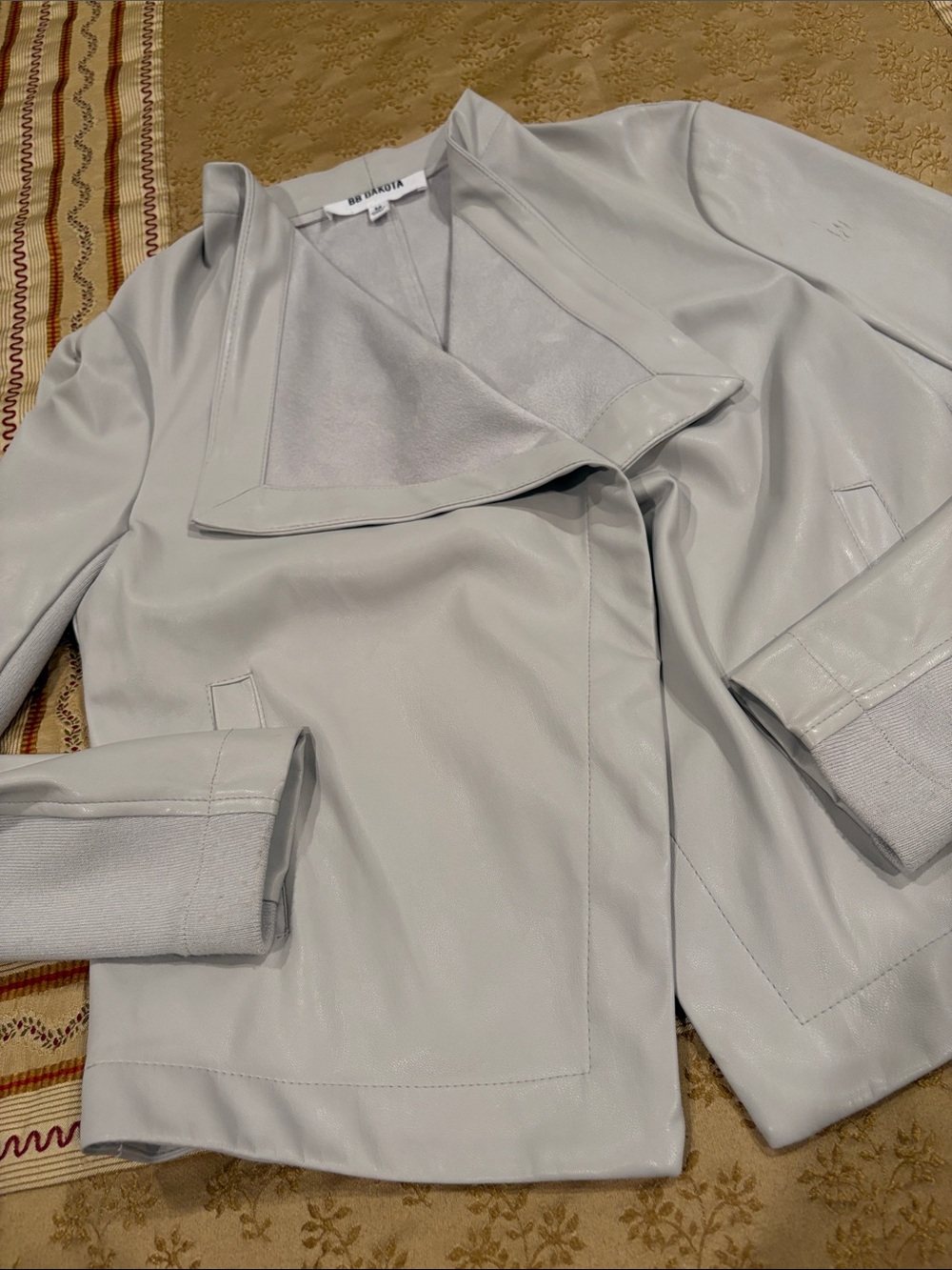 BB DAKOTA Light Gray//Beige Faux Leather Open Front Jacket, Front Pockets, M